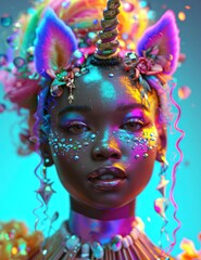 Digital fantasy portrait of a mystical character with blue and purple hues and unicorn features