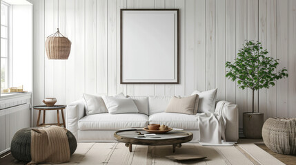 Mockup frame in Scandinavian farmhouse living room interior. Generative Ai