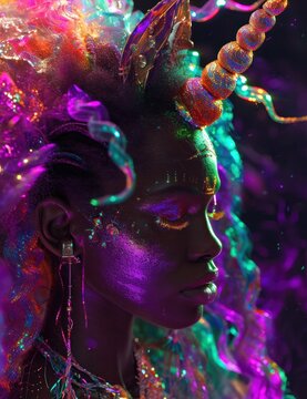 Profile view of a model with dark purple glittering unicorn makeup and ethereal lighting