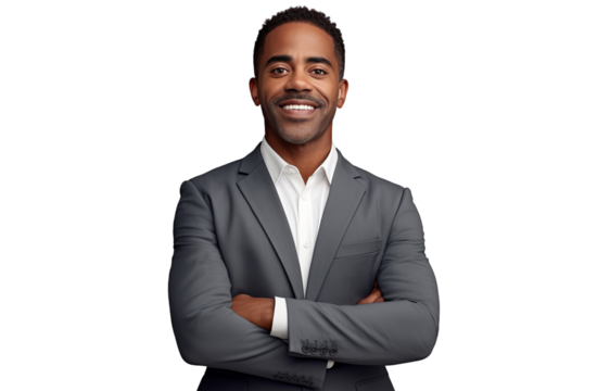 Middle Aged smiling African American business man in a suit with his arms crossed.isolated on transparent background PNG