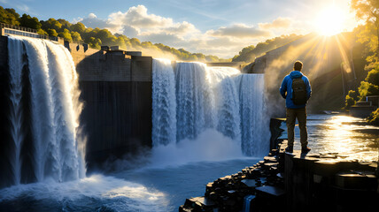 Traveler admiring impressive waterfalls - obrazy, fototapety, plakaty