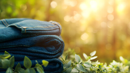  Biodegradable stretch denim using its plant-based technology. Reduce jeans waste, copy space - obrazy, fototapety, plakaty