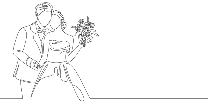 Elegant couple wearing wedding dress. line art style drawing vector illustration.
