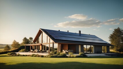 Modern house with roof covered by solar panels