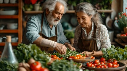 Elderly couple enjoying time together preparing a fresh salad. love, care, and healthy lifestyle. AI