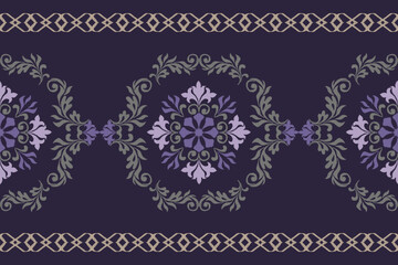 Ikat Floral pattern embroidery paisley on dark background. Ethnic flower motif oriental seamless pattern traditional. damask Thai style abstract vector illustration vintage design for print template.