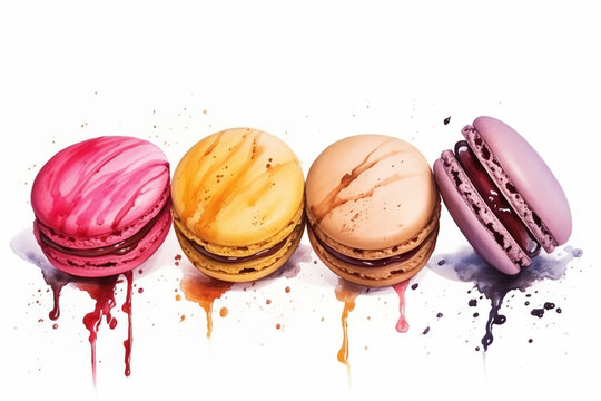 Sweet and colorful set of hand painted watercolor macaroons isolated on white background. Various types of macaroons in motion fall on a white isolated background. Watercolor illustration