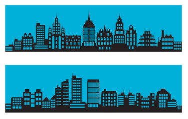 Landscape set of buildings silhouetted on blue background.