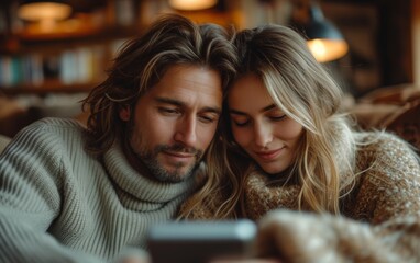 Intimate Moment Between a Loving Couple Sharing a Smartphone in a Cozy Setting