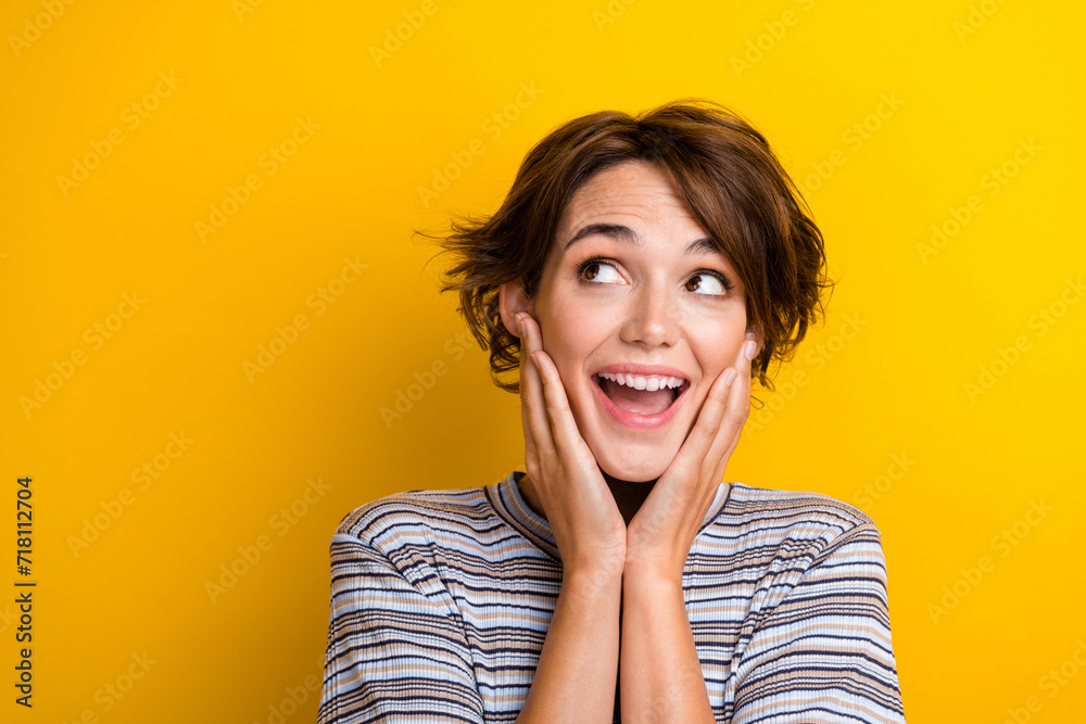 Sticker photo of impressed woman with bob hairdo dressed t-shirt hold palms on cheeks staring empty space is