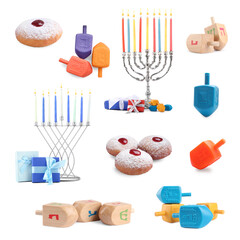 Hanukkah celebration. Menorahs, donuts, dreidels and gift boxes isolated on white, set