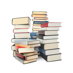 Stacks of different books isolated on white