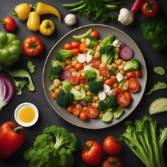 Top view of vegetarian food banner image, gray color diet plate with different types of delicious vegetables and fruit slices on dark background 