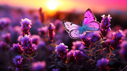Beautiful lavender on the field and butterflies at sunset