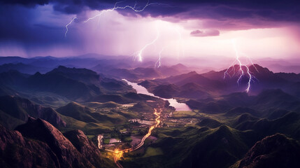 Mountains landscape with lightning and rain