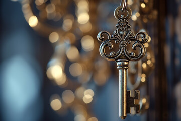 elegant photo capturing a set of ornate keys against a fancy modern blurry background, conveying a sense of luxury and sophistication in the realm of security and access