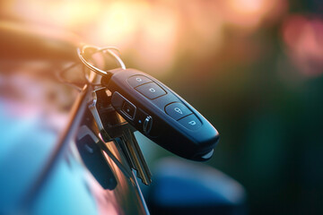 gleam of high-end car keys against a fancy modern blurry background, emphasizing the fusion of technology and luxury in the automotive industry