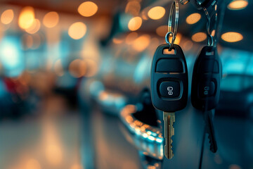 gleam of high-end car keys against a fancy modern blurry background, emphasizing the fusion of technology and luxury in the automotive industry