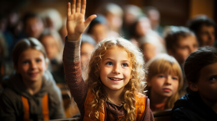 Students raise their hands in class at school to express their opinions - obrazy, fototapety, plakaty