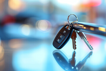 gleam of high-end car keys against a fancy modern blurry background, emphasizing the fusion of technology and luxury in the automotive industry