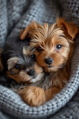 Adorable yorkshire terrier puppies cuddled in cozy blanket, capturing the essence of innocence and friendship. AI
