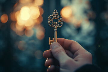 hand holding an exquisite key, the focal point against a fancy modern blurry background, symbolizing the power and control associated with access to exclusive spaces or possessions - obrazy, fototapety, plakaty