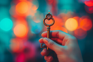 hand holding an exquisite key, the focal point against a fancy modern blurry background, symbolizing the power and control associated with access to exclusive spaces or possessions - obrazy, fototapety, plakaty