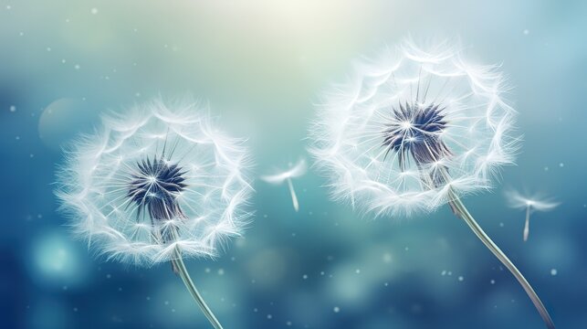 White dandelion flowers flying in the photo on a blue background with a glitter light effect behind it. generative AI