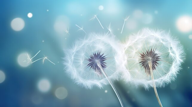 White dandelion flowers flying in the photo on a blue background with a glitter light effect behind it. generative AI