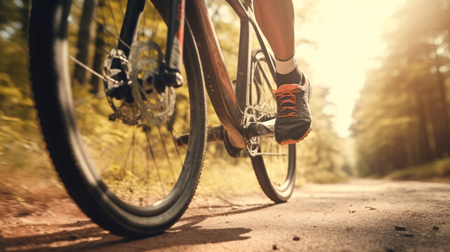 In a detailed close-up, the muscular legs of male cyclist,equipped with professional sports gear,propel forward on an open cycling path winding through the serene forest. This immersive image captures