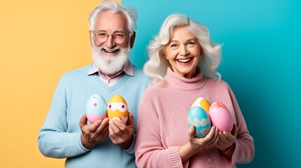 Fototapeta na wymiar On Easter day, the radiant smiles elderly individuals light up the scene as they joyfully hold intricately painted eggs, their expressions conveying a sense of happiness and warmth that adds a special