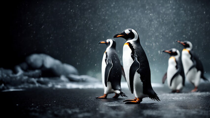 Pinguini- Eleganza su Sfondo Nero - obrazy, fototapety, plakaty