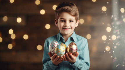 Fototapeta premium On Easter day, the atmosphere brims with joy as happy,smiling child delights in holding intricately painted eggs. The vibrant hues of the eggs mirror the infectious happiness in the child's expression
