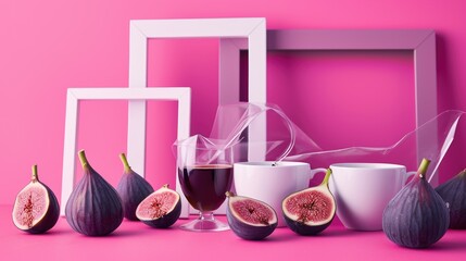 Figs and a glass of wine on a pink background. Surreal magenta colored still life arrangement.