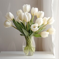 Elegant white tulip bouquet in the vase, Generative AI