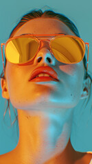 A woman wearing a pair of yellow sunglasses looking up, pop-art minimalistic portrait, summer vibes.