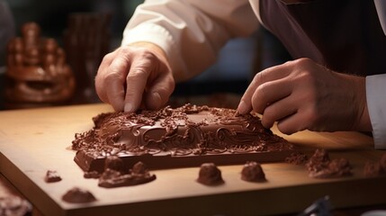 A high-definition image of a French chocolatier's hands expertly crafting a delicate chocolate sculpture. Highlight the precision and artistry involved in the process.