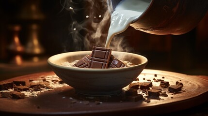 A high-detailed 8K image of a traditional Mexican chocolate tablet being grated into a bowl of...