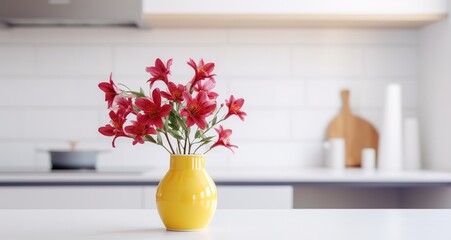 Red and yellow flowers in a vase in the photo on a white table. generative AI