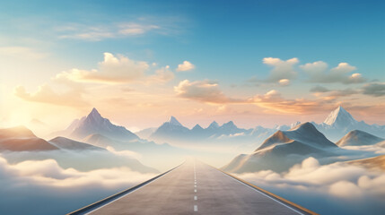 The perspective offers a captivating view the road stretching straight up into the sky, surrounded by realistic mountains.This visually striking scene provides ample space for text, inviting creative.