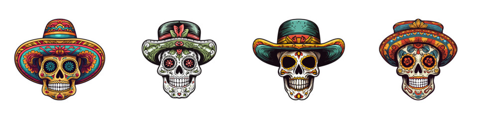 Vintage sketchy skull with mexican sombrero. Cartoon vector illustration