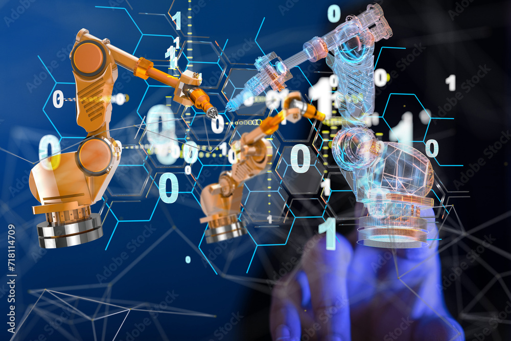Poster Neural network 3D illustration. Big data and cybersecurity - connection