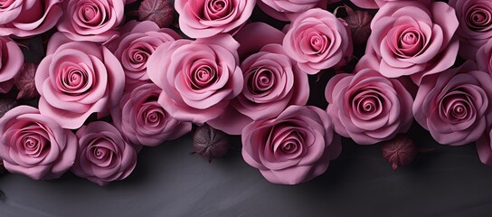 A pile of pink roses in the photo in front of a textured wall. generative AI