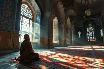Muslim elder sitting in masjid reading quran before prayer time at subdued dark light,  illustration of praying man in mosque, Religious muslim man praying inside the mosque. Generative Ai