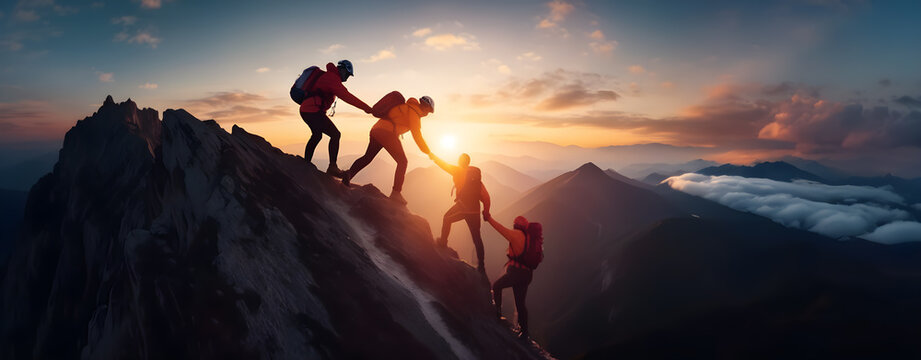 Silhouette Of A Group Of People Holding Hands And Helping Each Other Reach The Top Of A Mountain In A Sunset Landscape