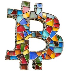 Colorful Glass Bitcoin Sign isolated on White Background. Photorealistic Cryptocurrency Coin Sign on white backdrop. Square Illustration. Ai Generated Digital Currency and Blockchain 3D Symbol.