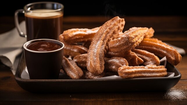 A high-detailed 8K picture of Mexican chocolate churros, fresh out of the fryer, coated in a generous layer of cinnamon sugar, and served with a side of hot chocolate for dipping.