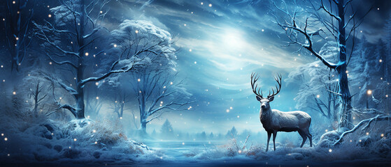 Fantasy winter wildlife landscape with deer in the forest and falling snowflakes - obrazy, fototapety, plakaty
