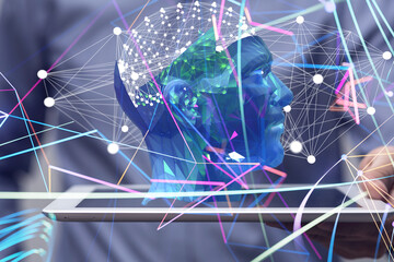 Neural network 3D illustration. Big data and cybersecurity