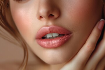 Close up of perfect lips with glossy pink lipstick, matching manicure. Beauty and makeup concept